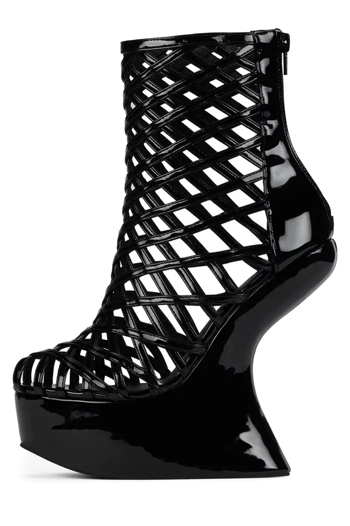 Bottines sexy en cuir verni à maille ajourée, bout rond, design résille, talon compensé, fermeture é