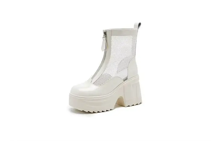 10cm bottines courtes femmes mode quotidien Patry talons hauts bloc fendu en cuir Patchwork maille l