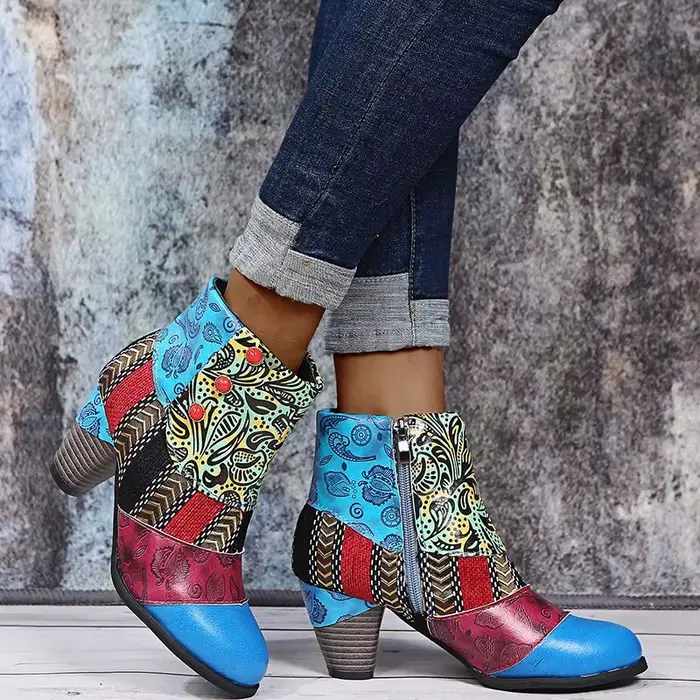 Vintage en cuir femmes bottes bohème nouvelle femme rétro imprimé boucle souple fermeture éclair bottines