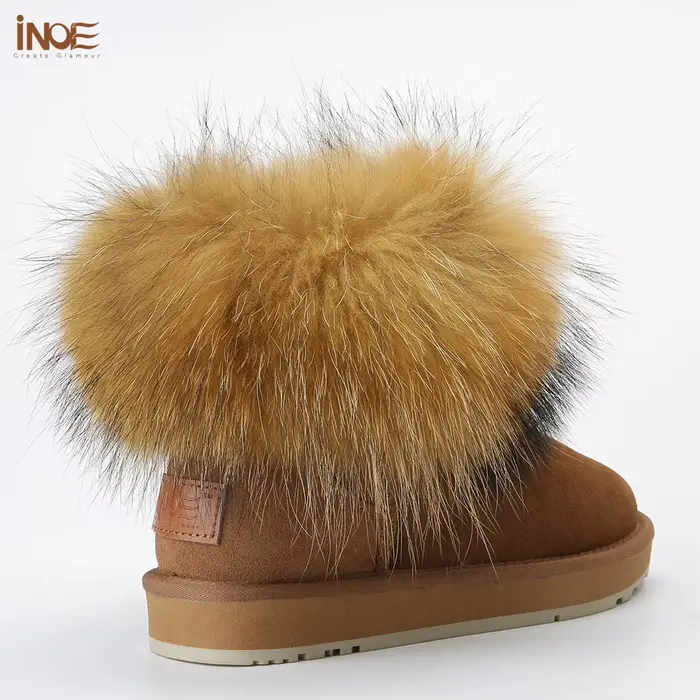INOE classique femmes Ultra Mini hiver bottes de neige raton laveur fourrure de renard vache daim cuir fausse laine