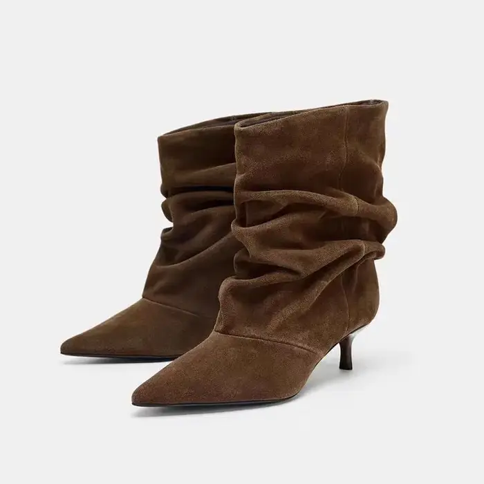 Nouvelles bottes d'hiver pour femmes, bottines plissées rétro marron, chaussures de soirée élégantes