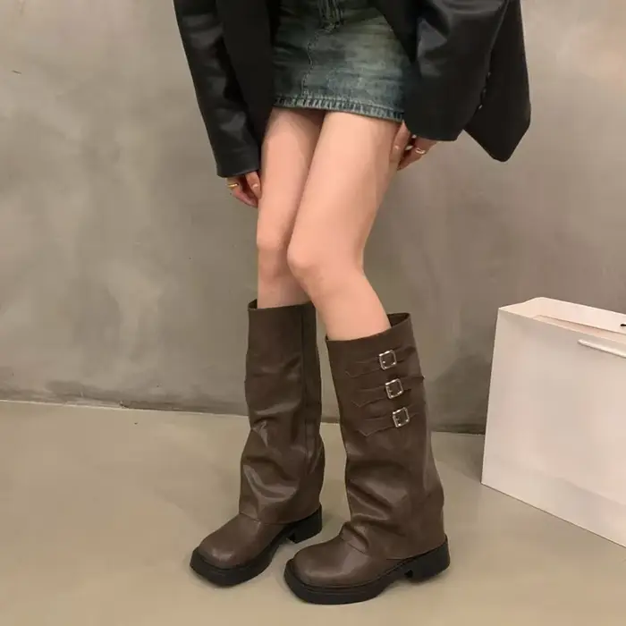 Style rétro genou bottes hautes femmes mode dames sans lacet chevalier