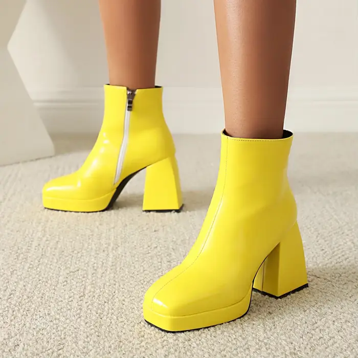 Bottes vernies brillantes pour femmes, talons carrés à plateforme, cheville, hiver, soirée, automne, rouge, bleu, noir, style de rue, confort, élégance