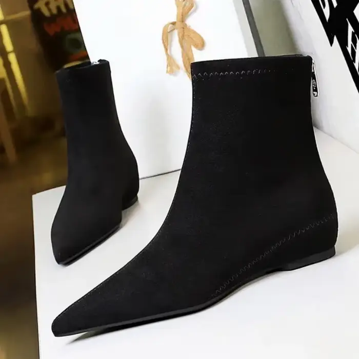 Bottes courtes pointues en daim pour femmes, bottes de rinçage pour femmes, talon intérieur élégant,