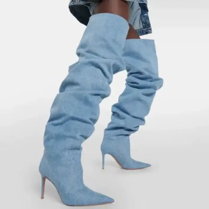 Sexy bleu Denim bout pointu plissé lâche sur les bottes au genou femmes Tube sans lacet talons fins 