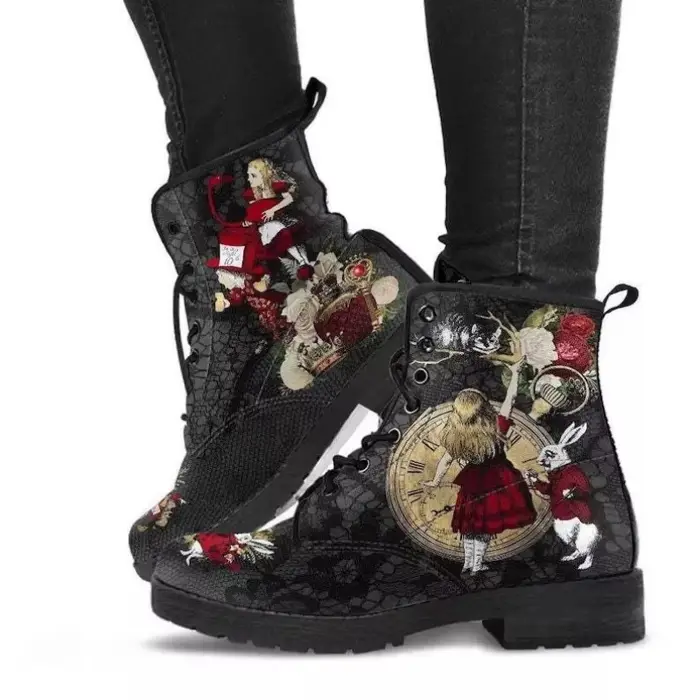 Bottes courtes punk pour femmes imprimées tête de mort et fleur ajustement parfait pour printemps et automne