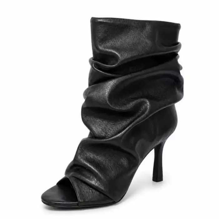 Bottines à talon aiguille plissées et froncées à bout ouvert pour femme 2026 – Bottes tube souples à enfiler à talons