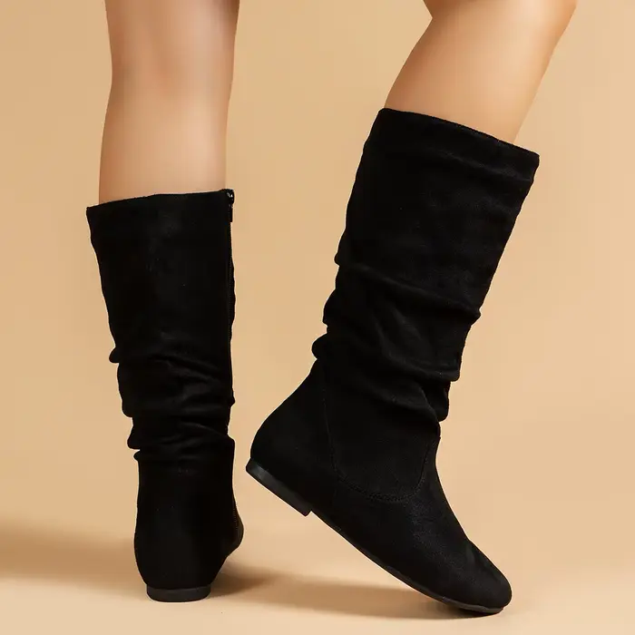 Plissé PU visage femmes bottes de mode côté ramen décontracté bout rond plat