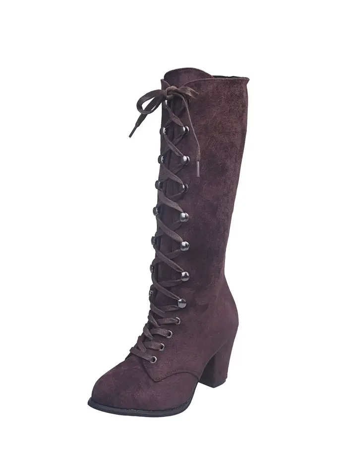 Hiver femmes bottes chaussures mode Vintage à lacets bottes femmes rond Cowboy talons hauts chausson