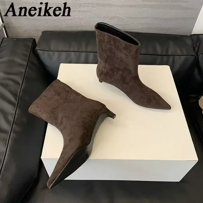Aneikeh bottes à talons bas mode hiver Faux daim pointu bottes courtes sans lacet chaussures De fête