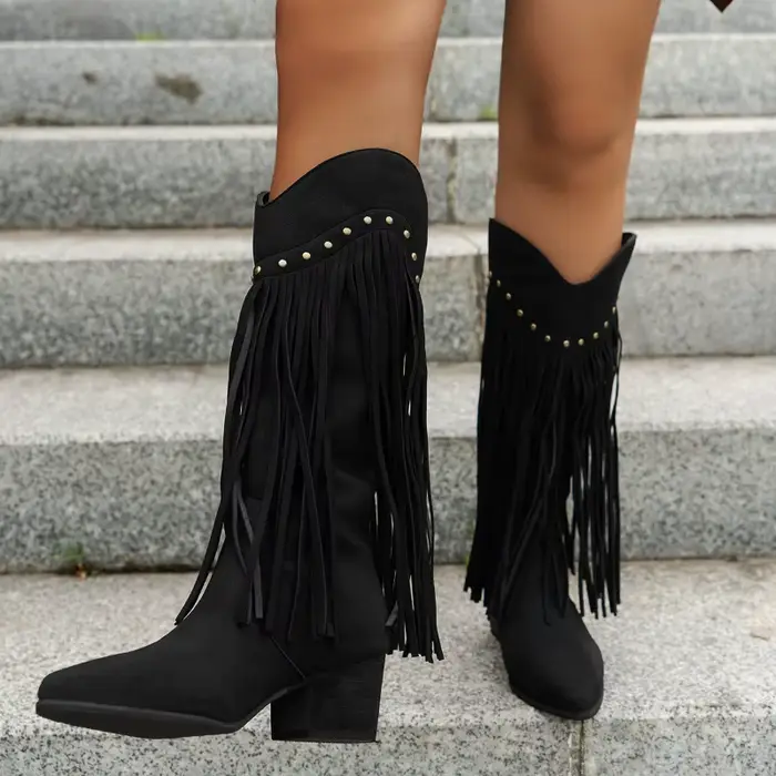 Bottes à franges vintage pour femmes, hauteur du genou, talon bas épais, bottes d'hiver pointues Par