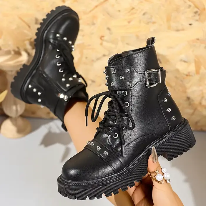 Rivets décor plate-forme bottines femmes mode boucle à lacets fermetures éclair bottes de Combat femme noir Pu cuir moto chaussures 42