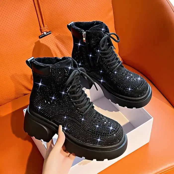 Paillettes diamant bottes courtes femmes automne hiver luxe mode haut talon épais à lacets bottes en