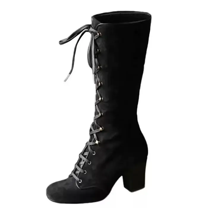Bottes mi-mollet pour femme à talon épais et plat, style chevalier à lacets, rehaussantes, mode auto