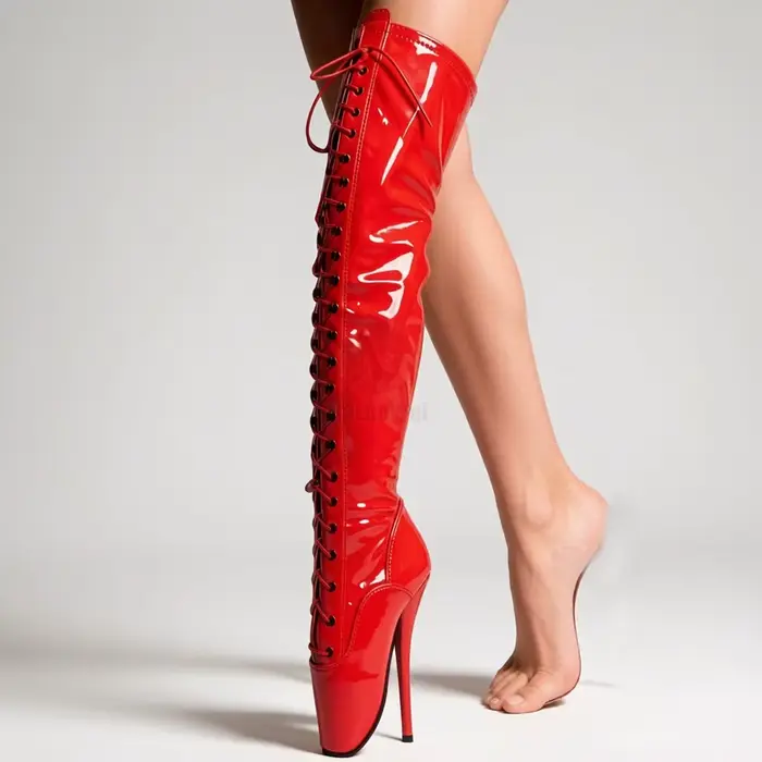 Bottes hautes jusqu'aux cuisses en cuir verni noir pour femmes, talon extrêmement haut de 18 cm/7 po