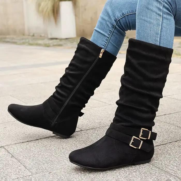 Bottes plissées à talons plats de style européen pour femmes