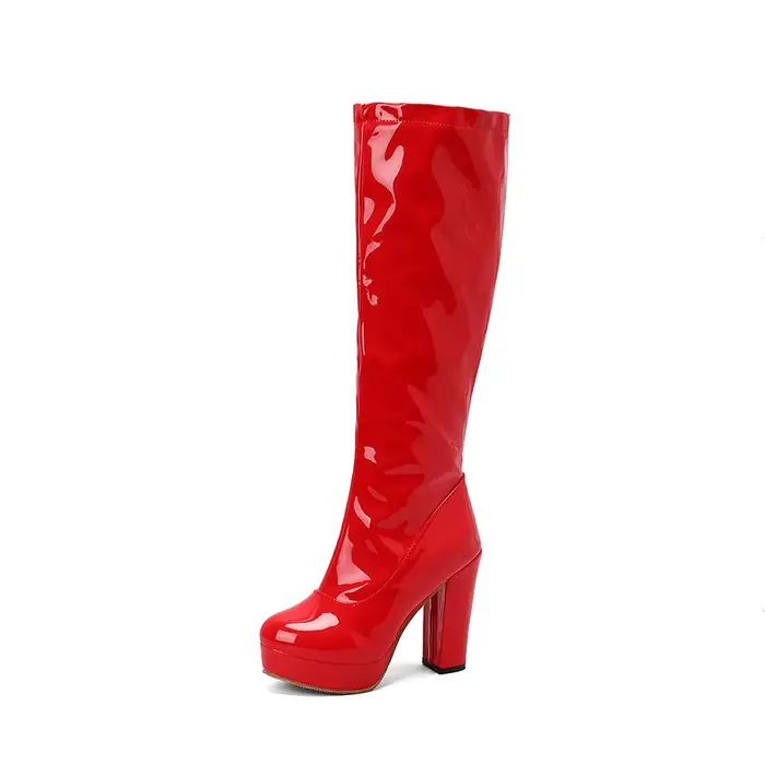 Bottines à talon épais et plateforme en cuir verni rouge pour femmes