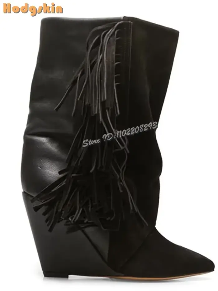 Bottes mi-mollet à franges rétro pour femmes, chaussures à talons compensés et bout rond, hauteur de