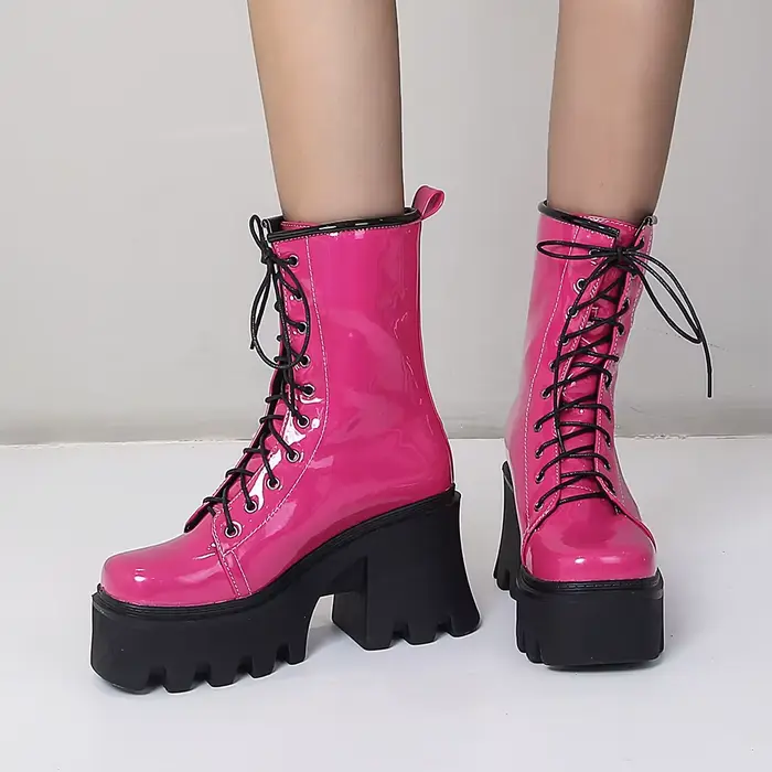 Bottes mi-mollet en cuir verni brillant, sangles croisées, super optique, haute rose, rouge, style d