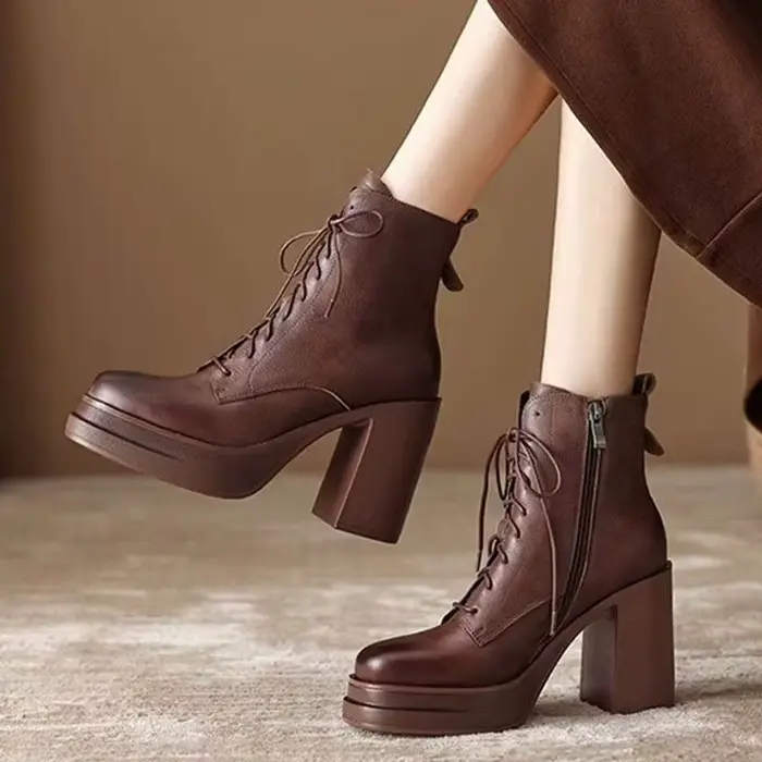 Bottines d'automne à bout rond, lacets sur le devant, plateforme avec fermeture éclair latérale, tal