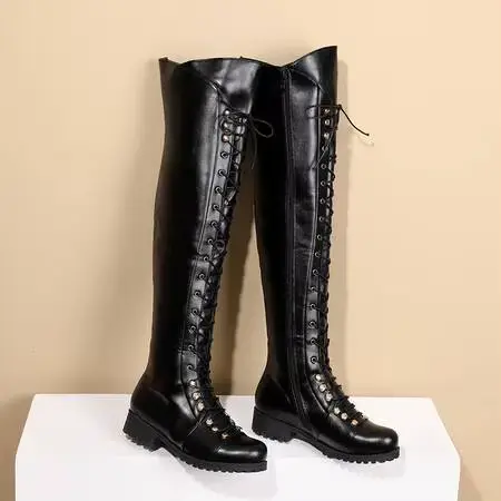 Cuissardes plates rétro à lacets pour femmes, bottes occidentales au dessus du genou, chaussures à l