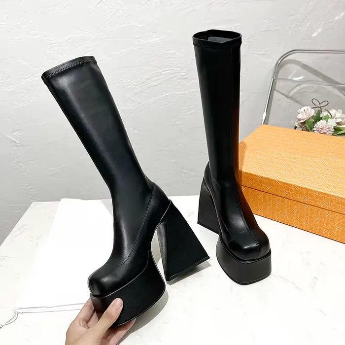 Bottes haute talon punk pour femmes bout carré talon carré mode hiver occassions spéciales