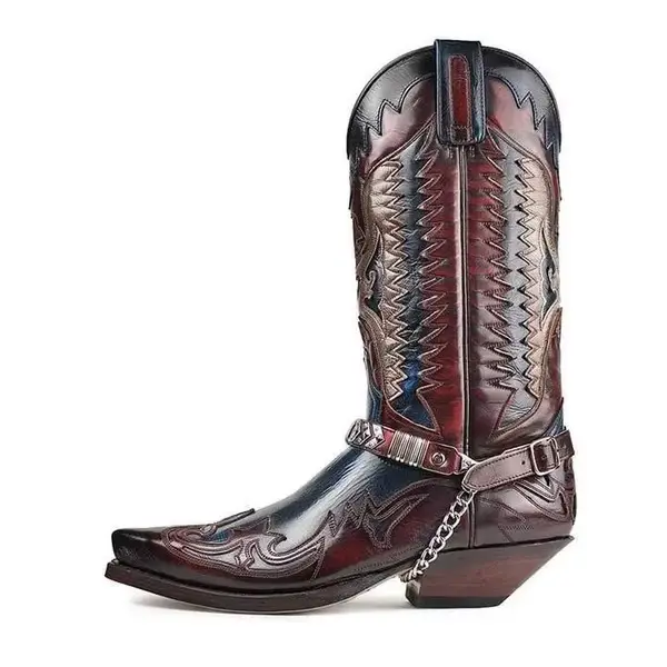 Bottes occidentales brodées à bout pointu et talon bas, style cowboy audacieux pour motard décontrac