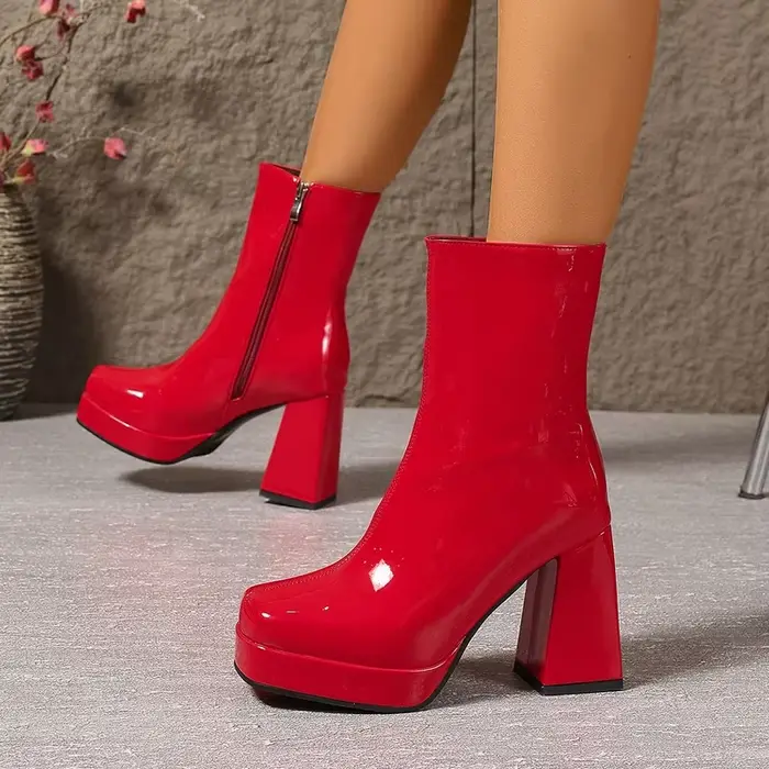Bottines en cuir verni PU rouge or pour femmes
