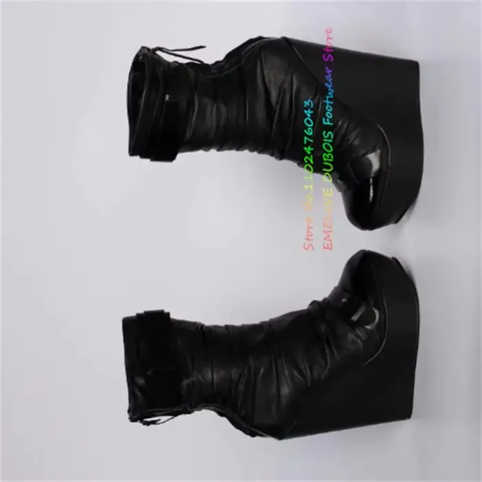 Bottines noires en cuir à talon compensé plateforme pour femme