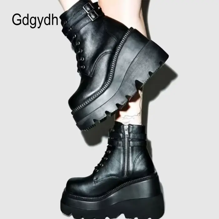 Gdgydh automne hiver haute plate-forme bottes femmes en cuir PU compensées bottines