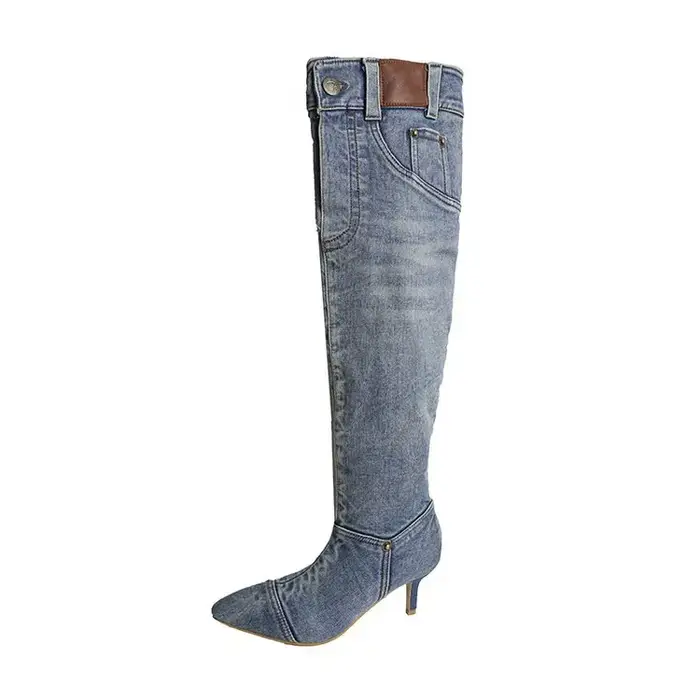 Bottes hautes bottes en jean vintage pour femmes avec talons fins bout pointu bottes longues chaussu