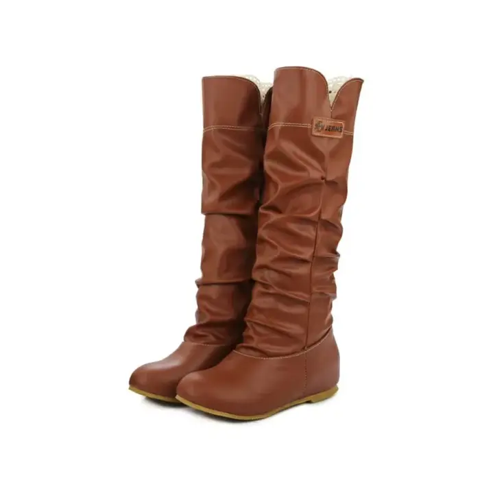 Genou bottes hautes femmes talon plat mode plissé bout rond marron