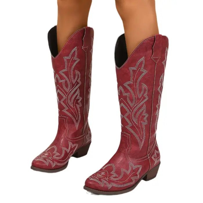 Bottes de cowboy rouges pour femmes, brodées, à bout pointu, hauteur genou, pour mollets larges, sty