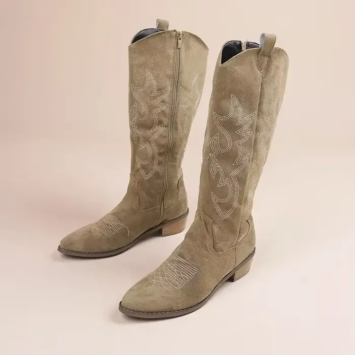 Bottes de cowboy western brodées pour femme, bottes hautes à talon épais et bout pointu, en cuir PU 