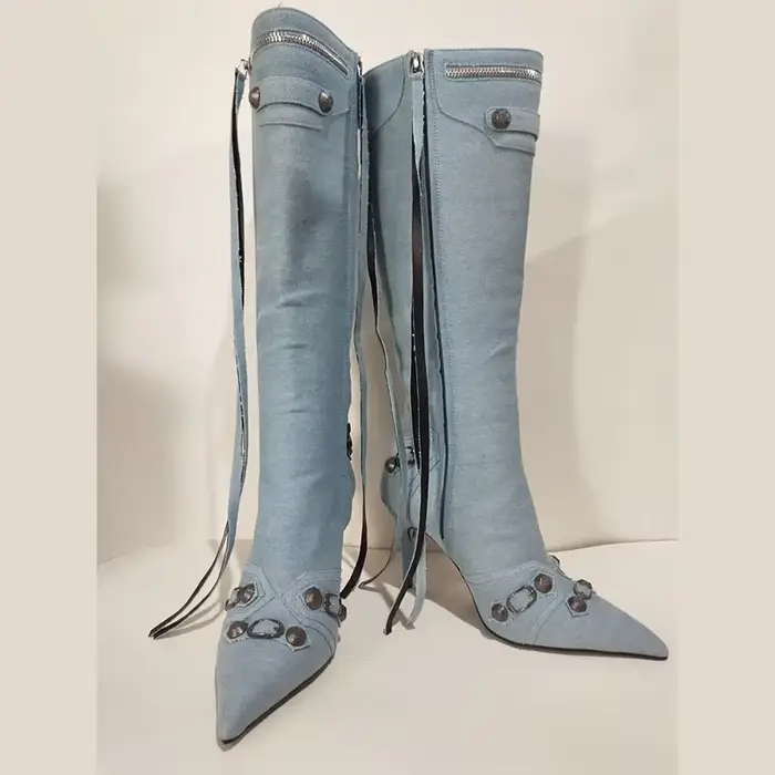 Bottes Hautes à Talons Fins et Pointus pour Femme, Chaussures en Denim, Design de Marque, à la Mode,