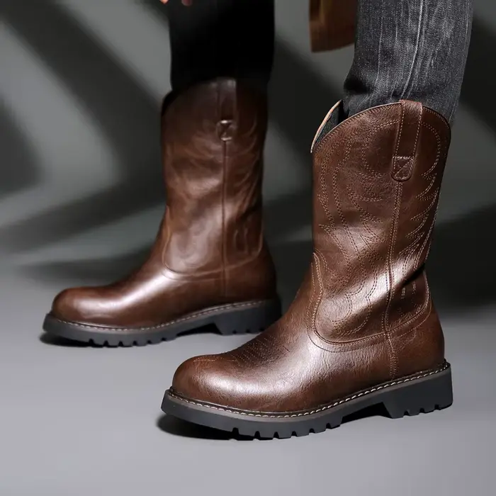 Bottes de chevalier vintage en cuir antidérapantes pour hommes, mi-mollet, talons en forme de fer à cheval, haute tige, printemps automne hiver, style éthnique, occassions spéciales, randonnées équestres, cadeaux mémorables